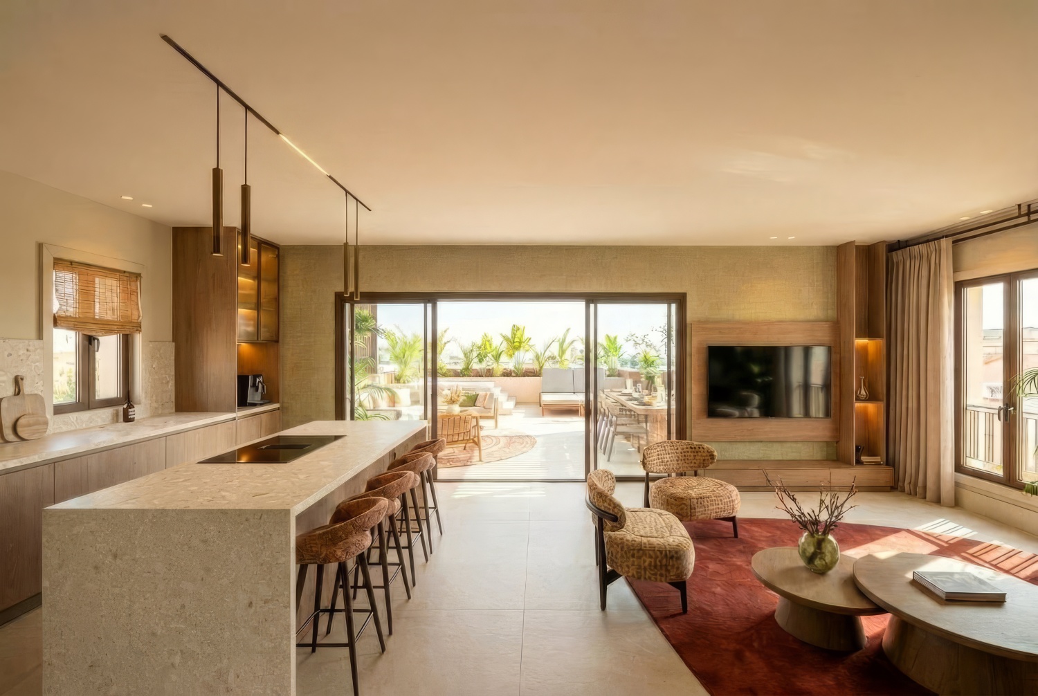 Penthouse A — open keuken en woonkamer met terras